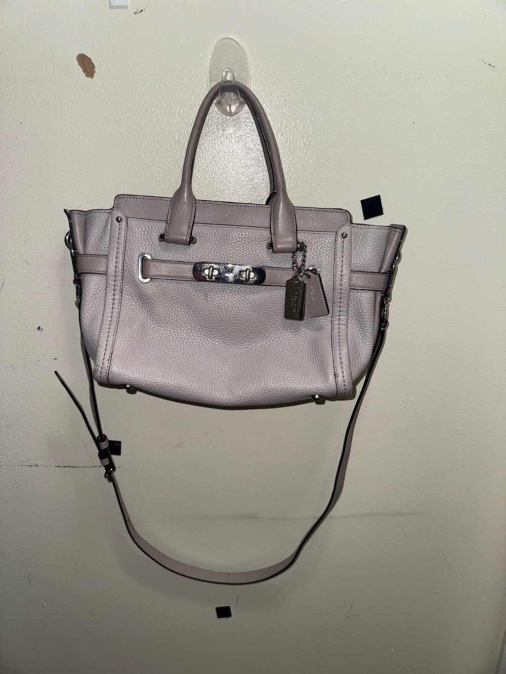 Coach Pebbled Leather Satchel w/ turnlock details taupe/gray